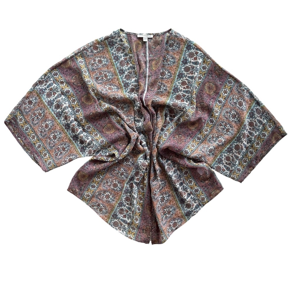 American Eagle Women’s M Brown Multi Paisley Floral Boho Sheer Open Cardi Kimono